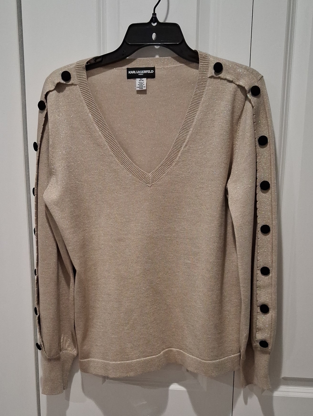 Karl Lagerfeld Beige V-Neck Sweater with Black Button Trim